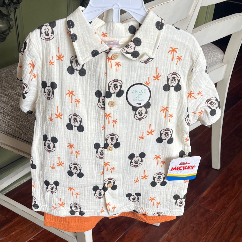 Disney Mickey Mouse Kids Button Down Shirt and Shorts Set- White and Orange